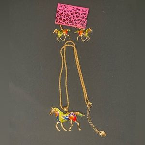 Betsey Johnson Multicolored Horse Necklace with matching Earrings
